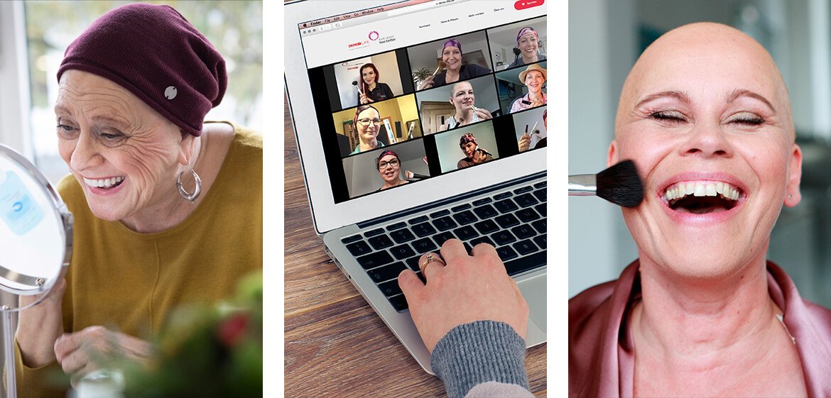 Collage von fröhlichen Frauen, die sich gerade schminken